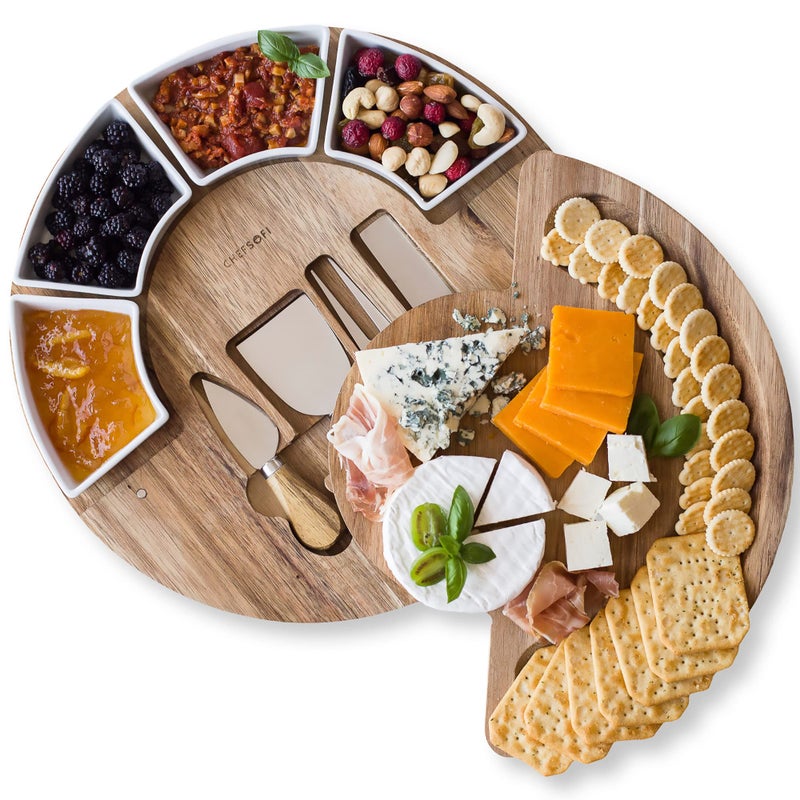 ChefSofi Charcuterie Board Set and Cheese Serving Platter - Made from Acacia Wood - US Patented 13 inch Cheese Board and Knife Set for Entertaining and Serving - 4 Knives and 4 Bowls - Image 1